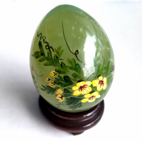 Vintage Chinese Jade Green Egg Trio Hand Painted Stones w/Stands - Picture 11 of 15